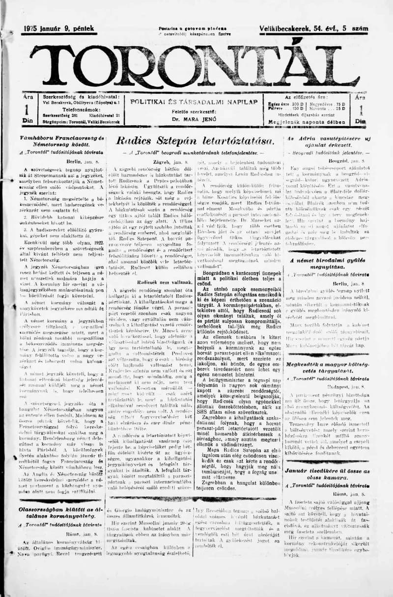 Torontál, 54. évf. 1925. január 9. 5. sz.