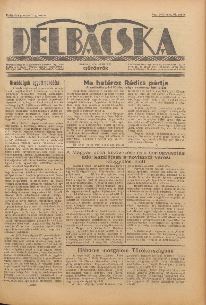 Délbácska, 7. évf. 1926. április 22. 92. sz.