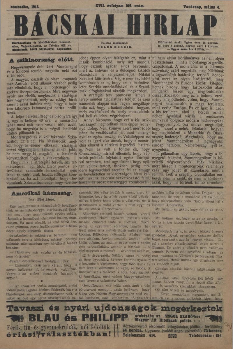 Bácskai Hirlap, 17. évf. 1913. május 4. 102. sz.