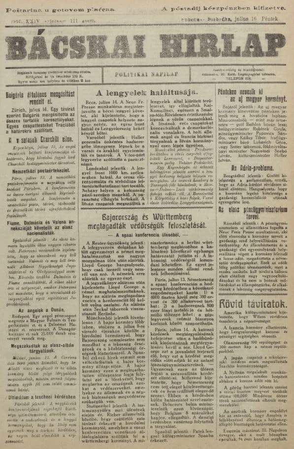Bácskai Hirlap, 24. évf. 1920. július 16. 111. sz.