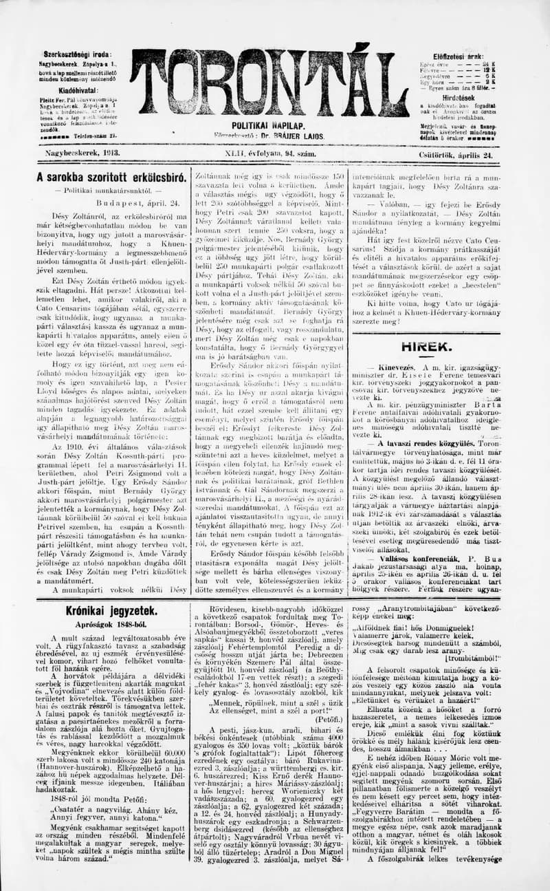 Torontál, 42. évf. 1913. április 24. 94. sz.