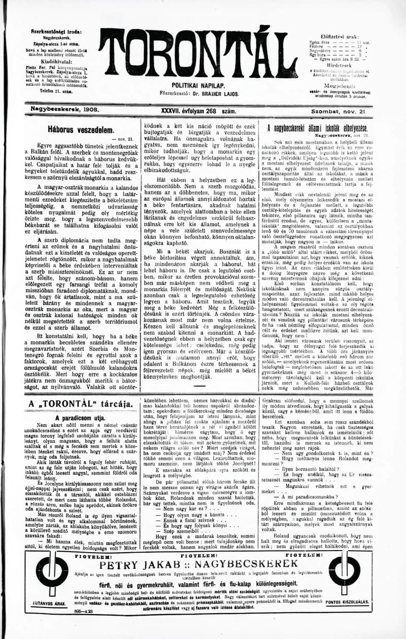 Torontál, 37. évf. 1908. november 21. 268. sz.
