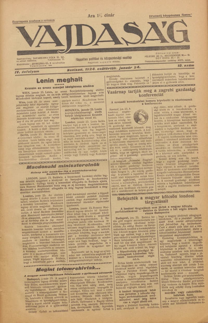 Vajdaság, 4. évf. 1924. január 24. 19. sz.