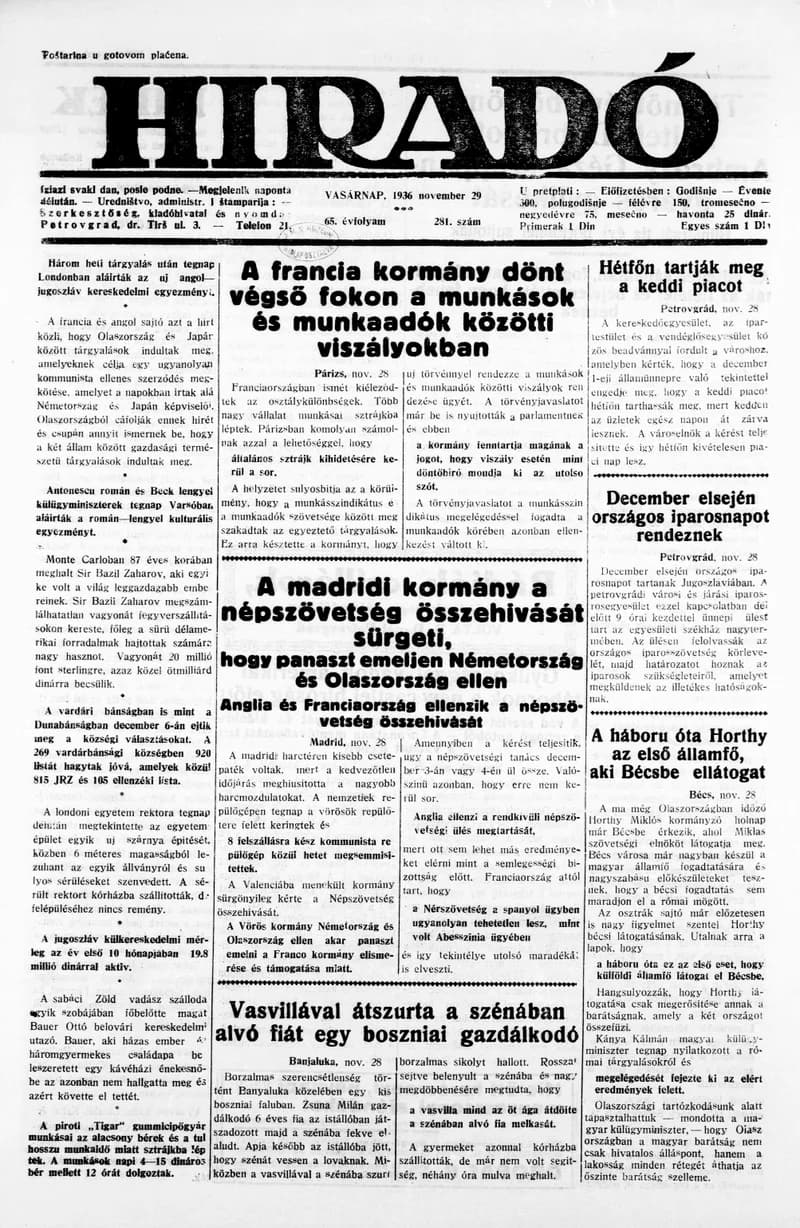 Híradó, 65. évf. 1936. november 29. 281. sz.