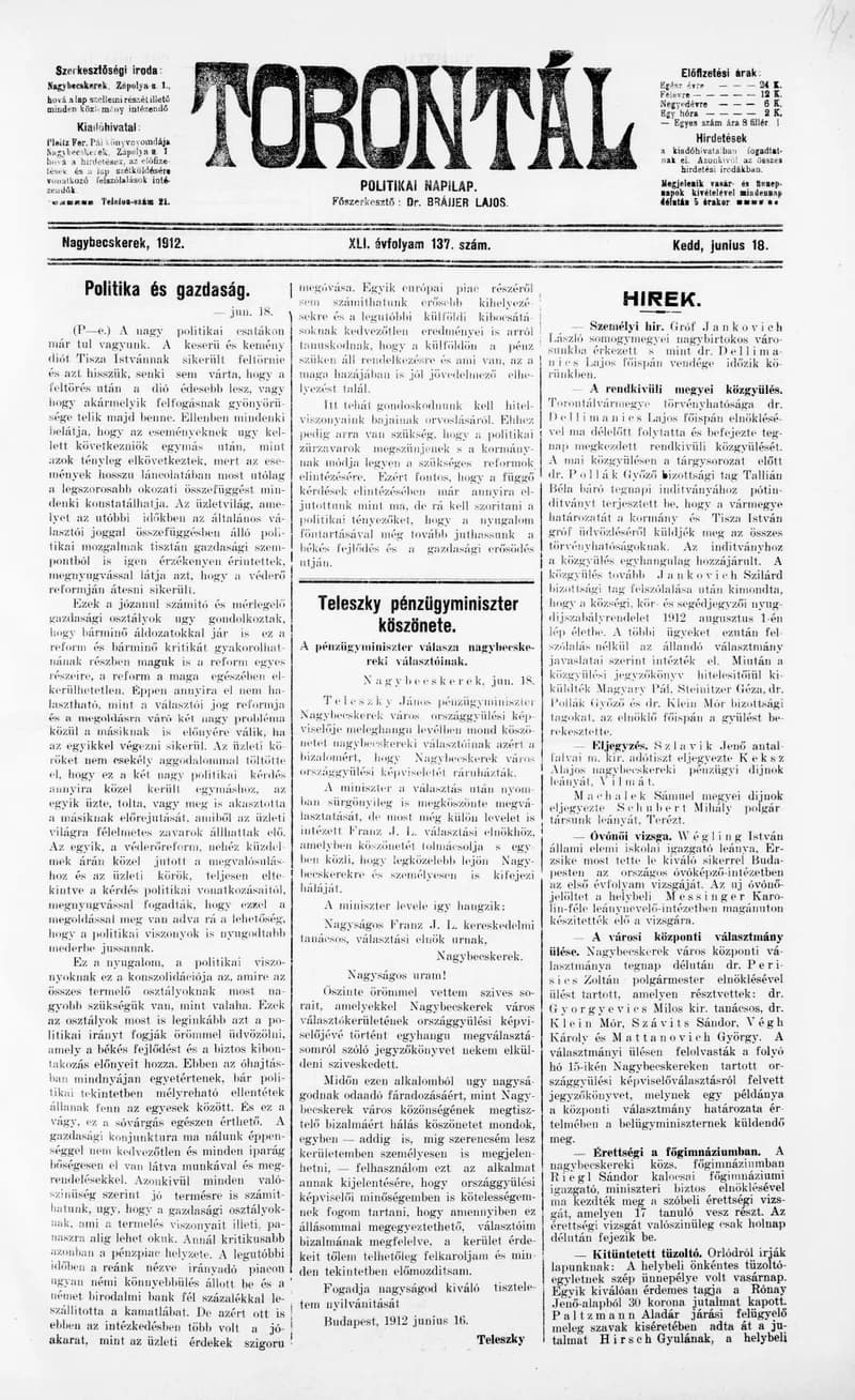 Torontál, 41. évf. 1912. június 18. 137. sz.