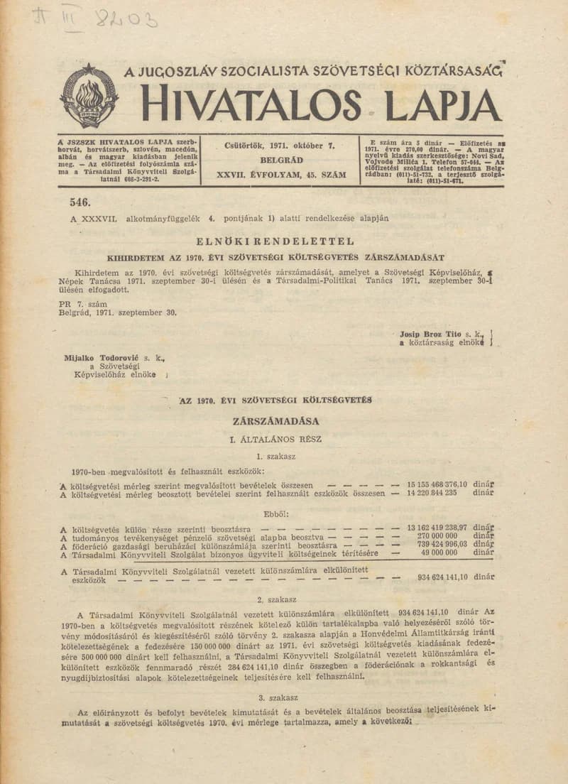 A Jugoszláv Szocialista Szövetségi Köztársaság Hivatalos Lapja, 27. évf. 1971. október 7. 45. sz. 845–860. oldal