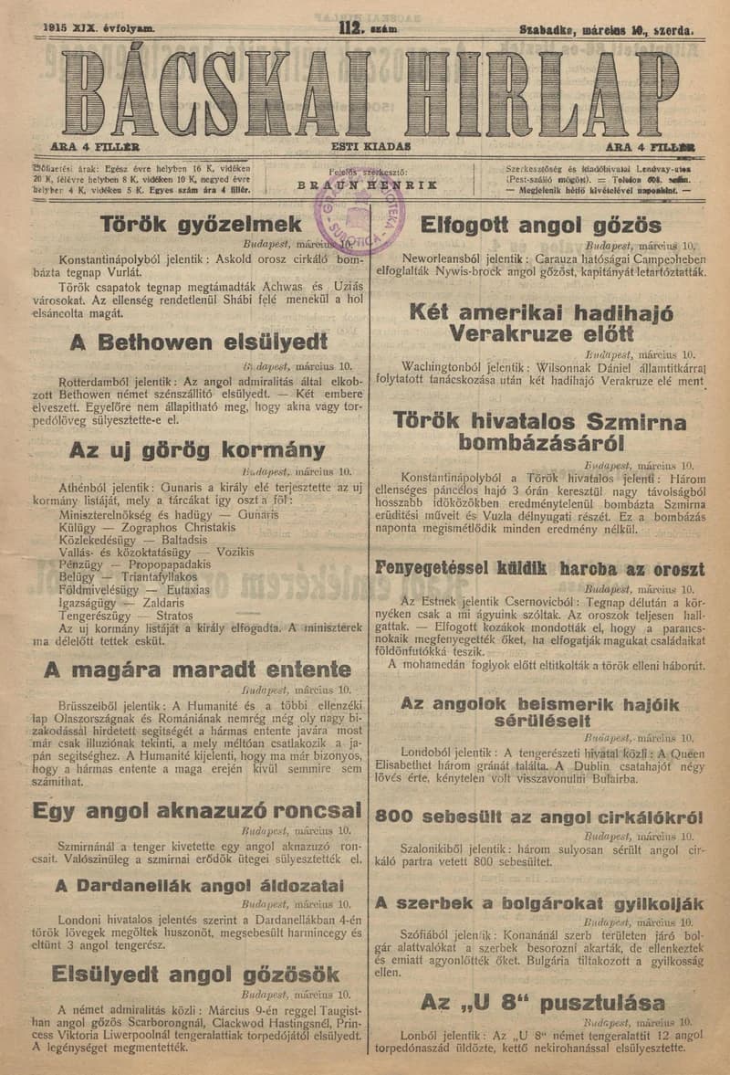 Bácskai Hirlap, 19. évf. 1915. március 10. 112. sz.