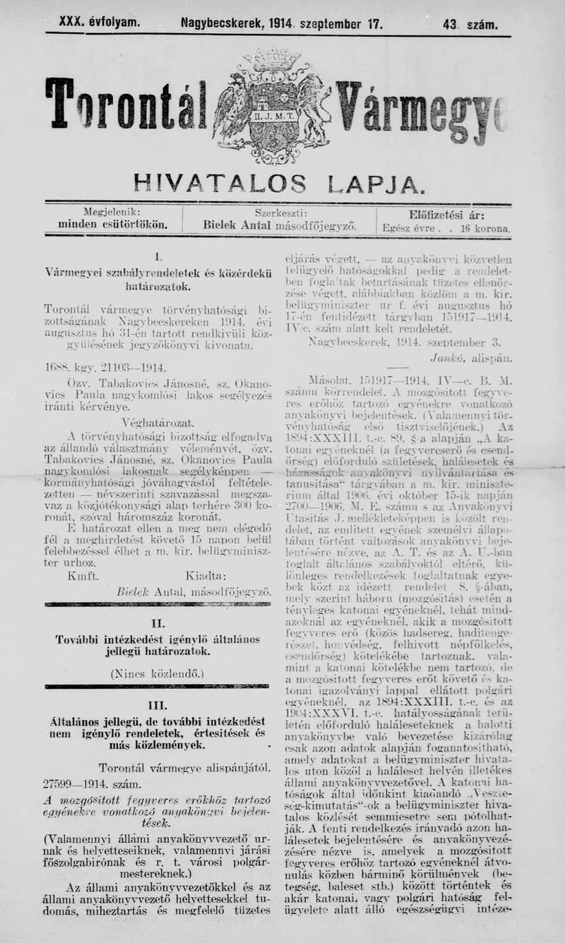Torontál Vármegye Hivatalos Lapja, 30. évf. 1914. szeptember 17. 43. sz.