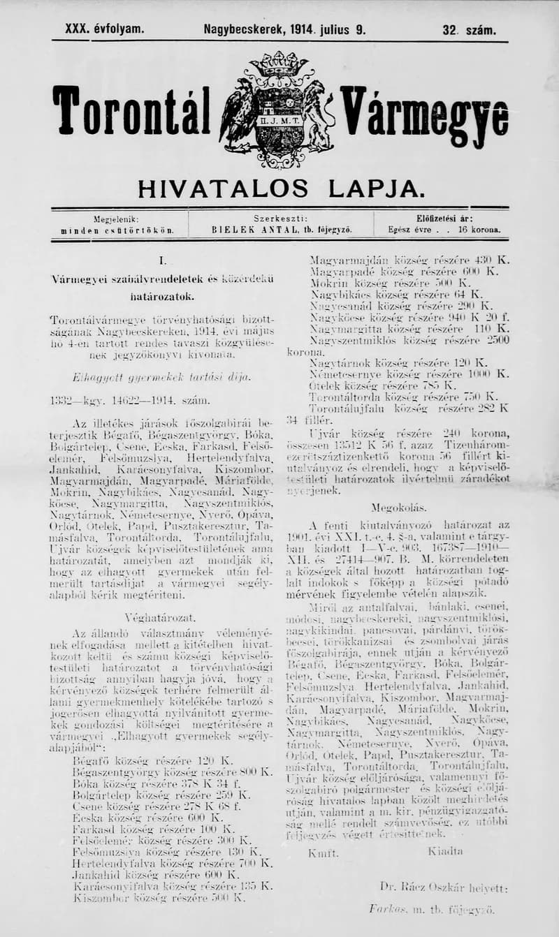 Torontál Vármegye Hivatalos Lapja, 30. évf. 1914. július 9. 32. sz.