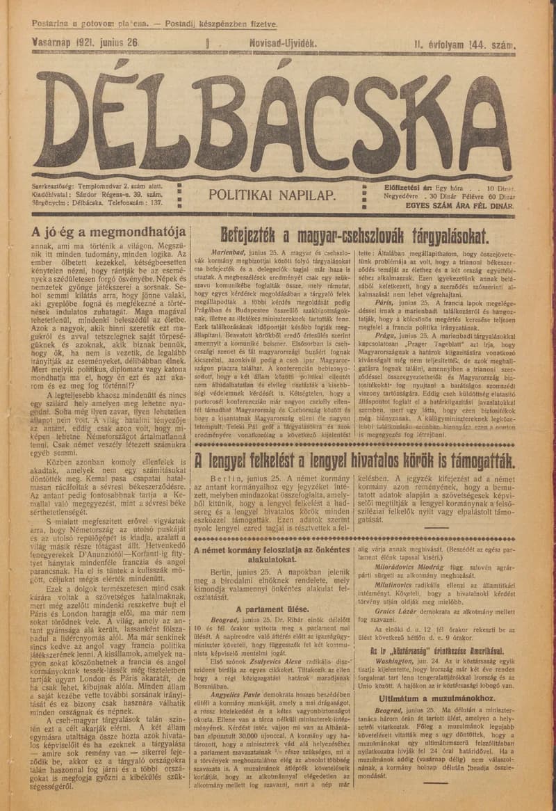 Délbácska, 2. évf. 1921. június 26. 144. sz.