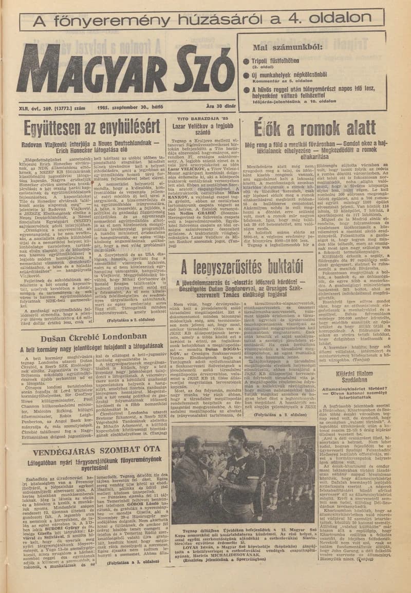 Magyar Szó, 42. évf. 1985. szeptember 30. 269. sz. 1–20. oldal