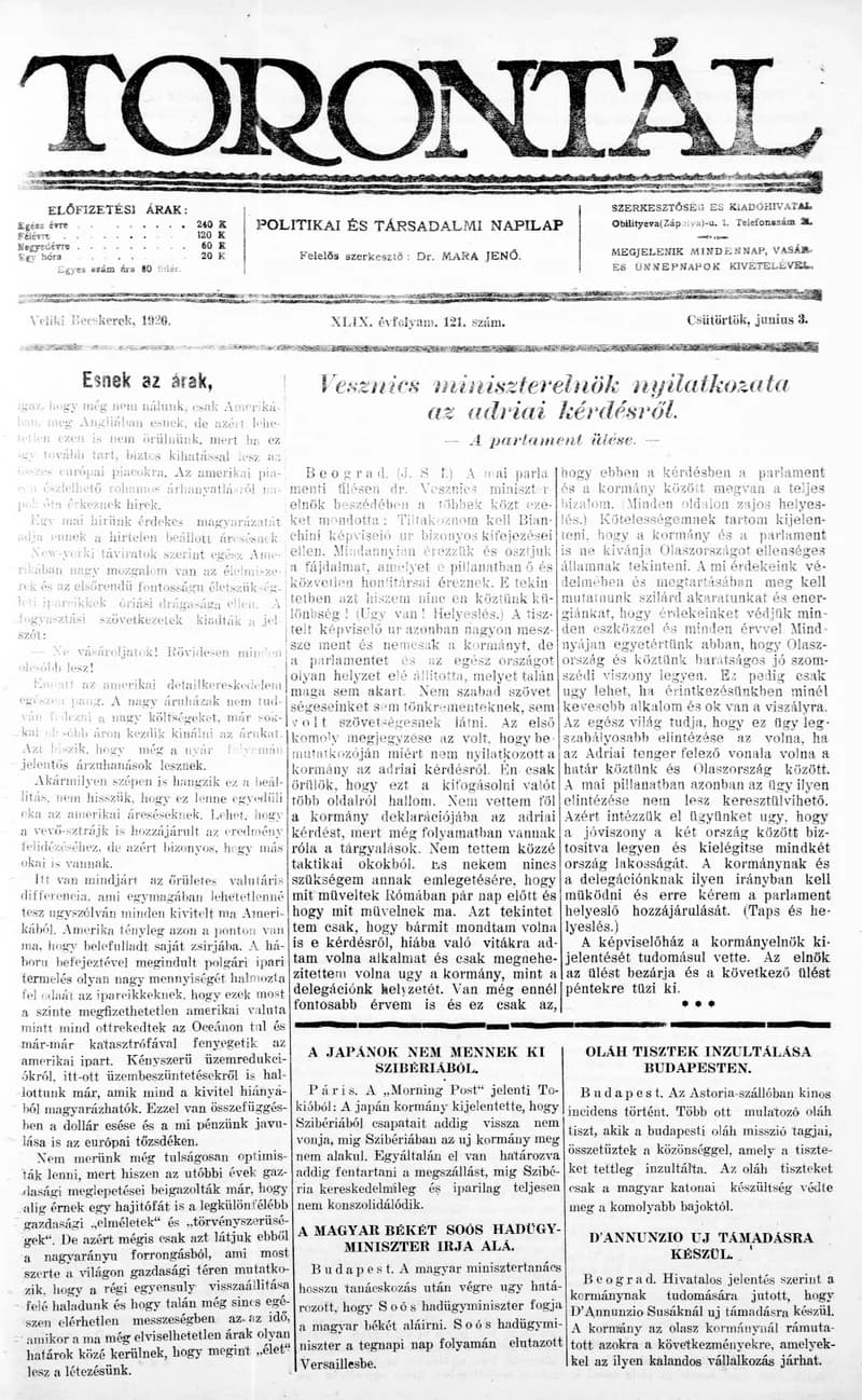 Torontál, 49. évf. 1920. június 3. 121. sz.