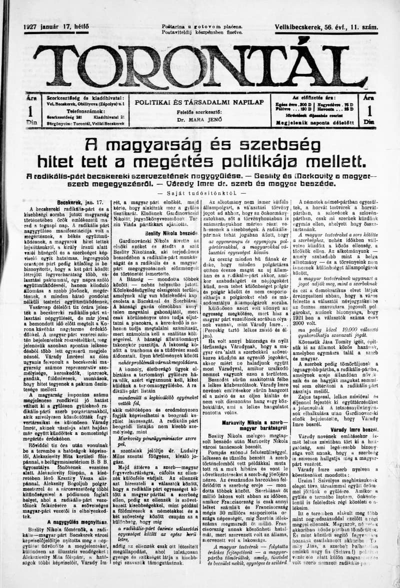 Torontál, 56. évf. 1927. január 17. 11. sz.