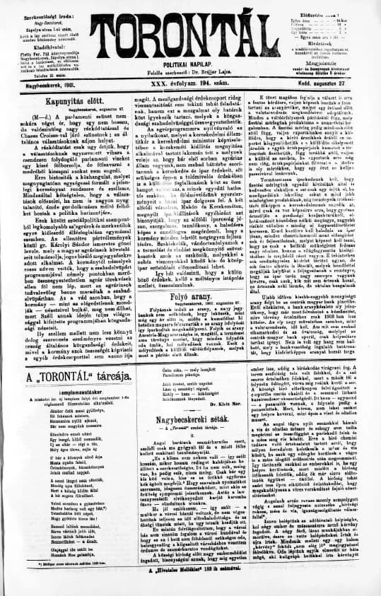 Torontál, 30. évf. 1901. augusztus 27. 194. sz.