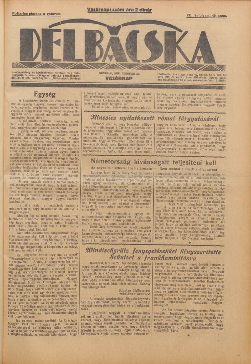 Délbácska, 7. évf. 1926. február 28. 49. sz.