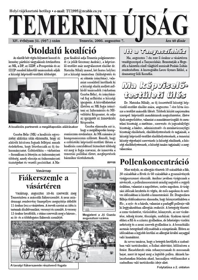 Temerini Újság, 14. évf. 2008. augusztus 7. 31. sz.