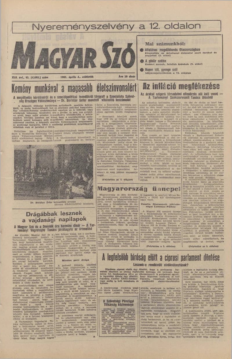 Magyar Szó, 42. évf. 1985. április 4. 92. sz. 1–20. oldal