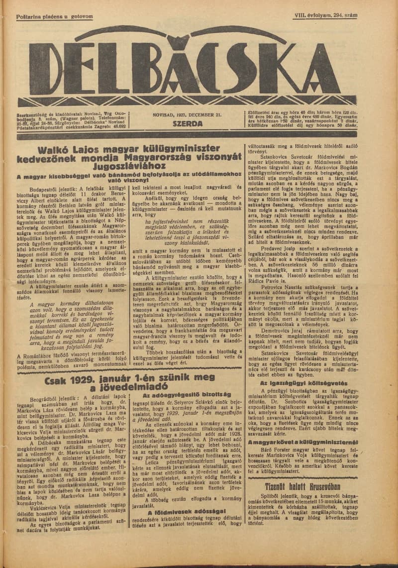 Délbácska, 8. évf. 1927. december 21. 294. sz.