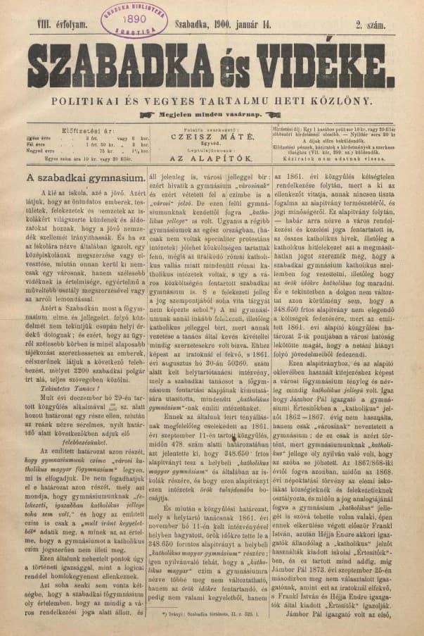 Szabadka és vidéke II, 8. évf. 1900. január 14. 2. sz.