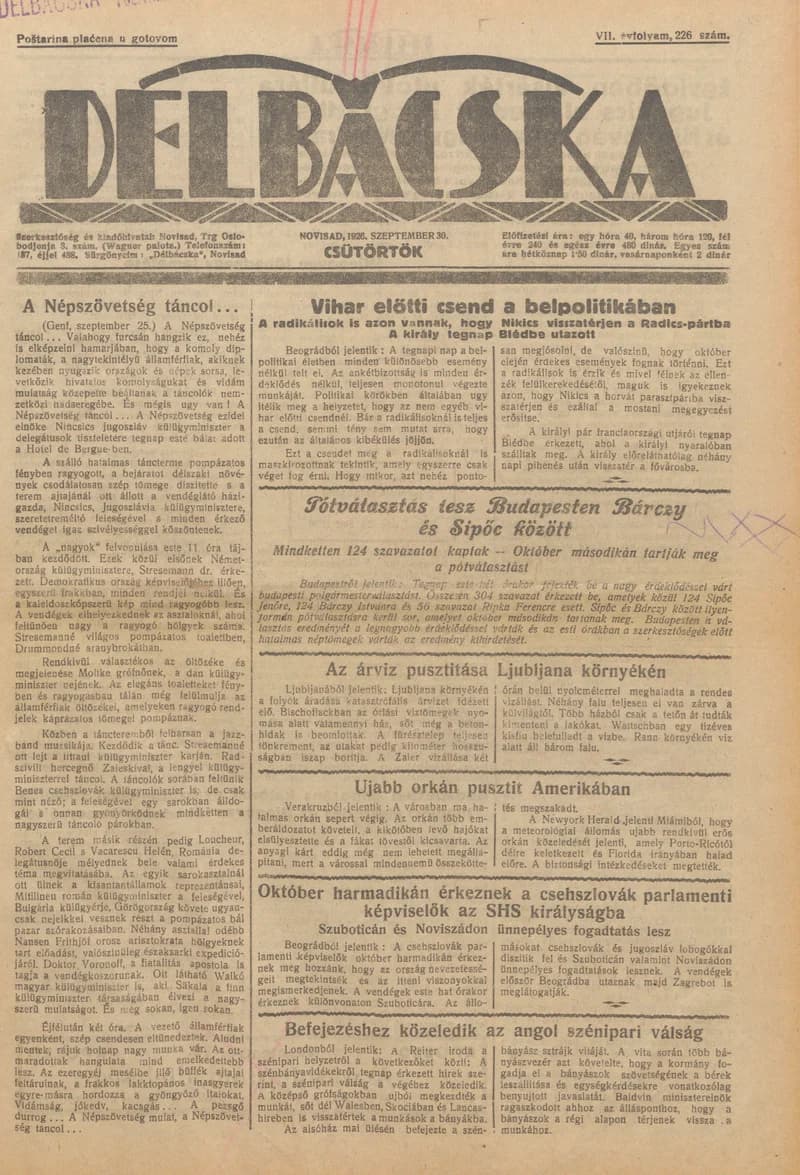 Délbácska, 7. évf. 1926. szeptember 30. 226. sz.