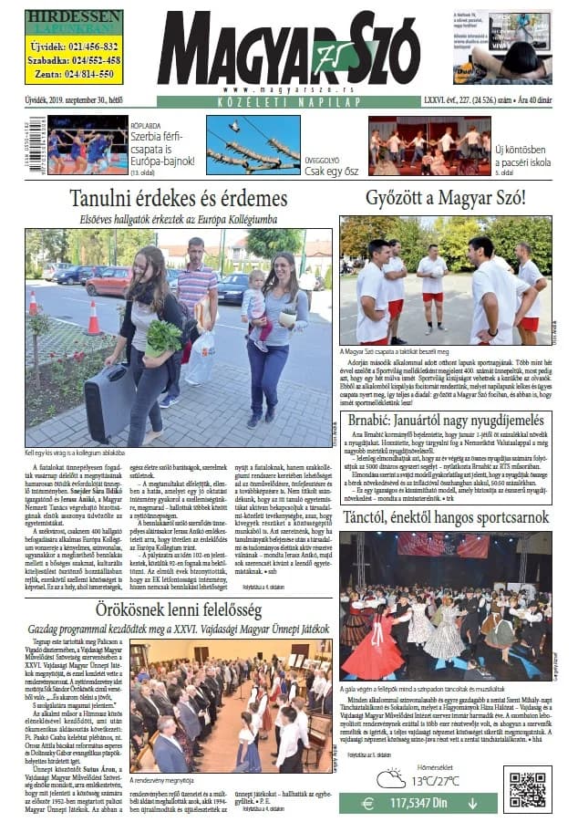 Magyar Szó, 76. évf. 2019. szeptember 30. 227. sz. 1–20. oldal