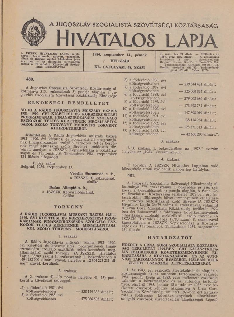 A Jugoszláv Szocialista Szövetségi Köztársaság Hivatalos Lapja, 40. évf. 1984. szeptember 14. 48. sz. 1135–1154. oldal