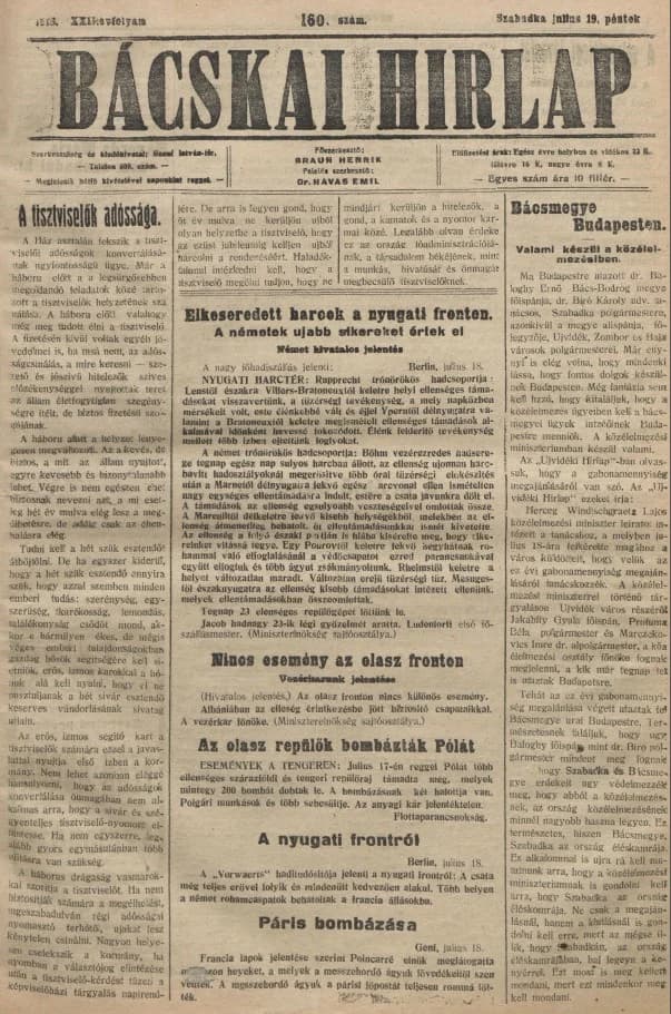 Bácskai Hirlap, 22. évf. 1918. július 19. 160. sz.