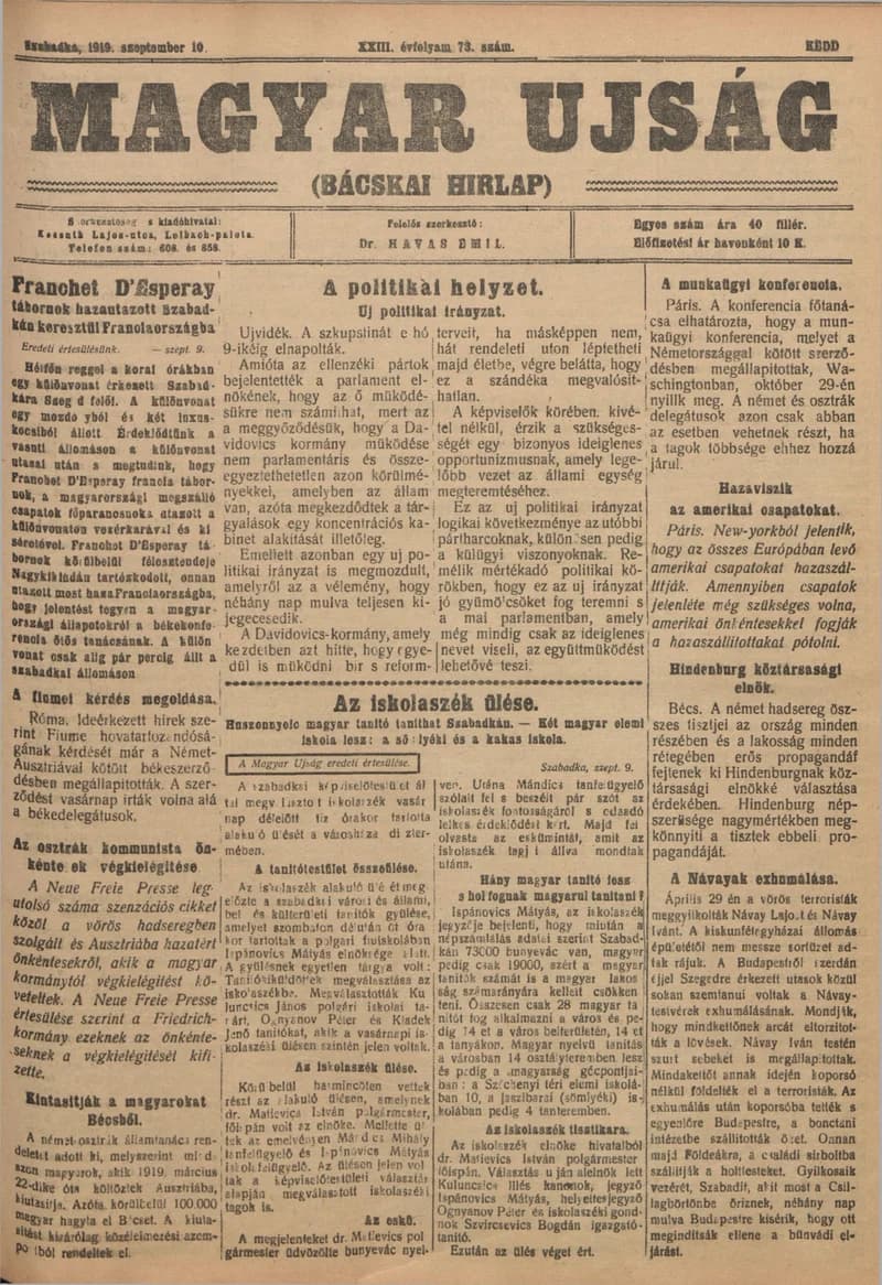 Bácskai Hirlap, 23. évf. 1919. szeptember 10. 73. sz.