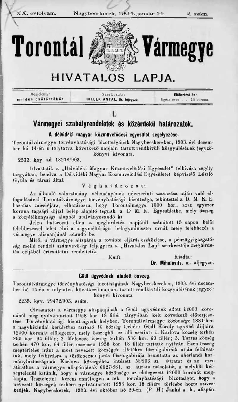 Torontál Vármegye Hivatalos Lapja, 20. évf. 1904. január 14. 2. sz.