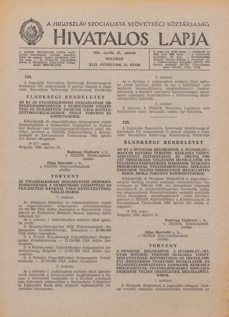 A Jugoszláv Szocialista Szövetségi Köztársaság Hivatalos Lapja, 42. évf. 1986. április 25. 23. sz. 721–748. oldal