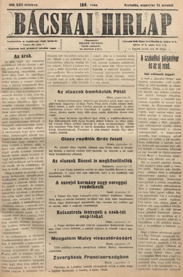 Bácskai Hirlap, 22. évf. 1918. augusztus 24. 189. sz.