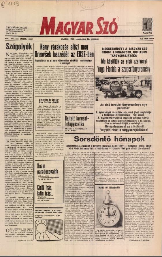 Magyar Szó, 46. évf. 1989. szeptember 24. 262. sz. 1–32. oldal