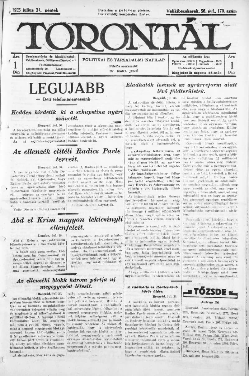 Torontál, 54. évf. 1925. július 31. 170. sz.