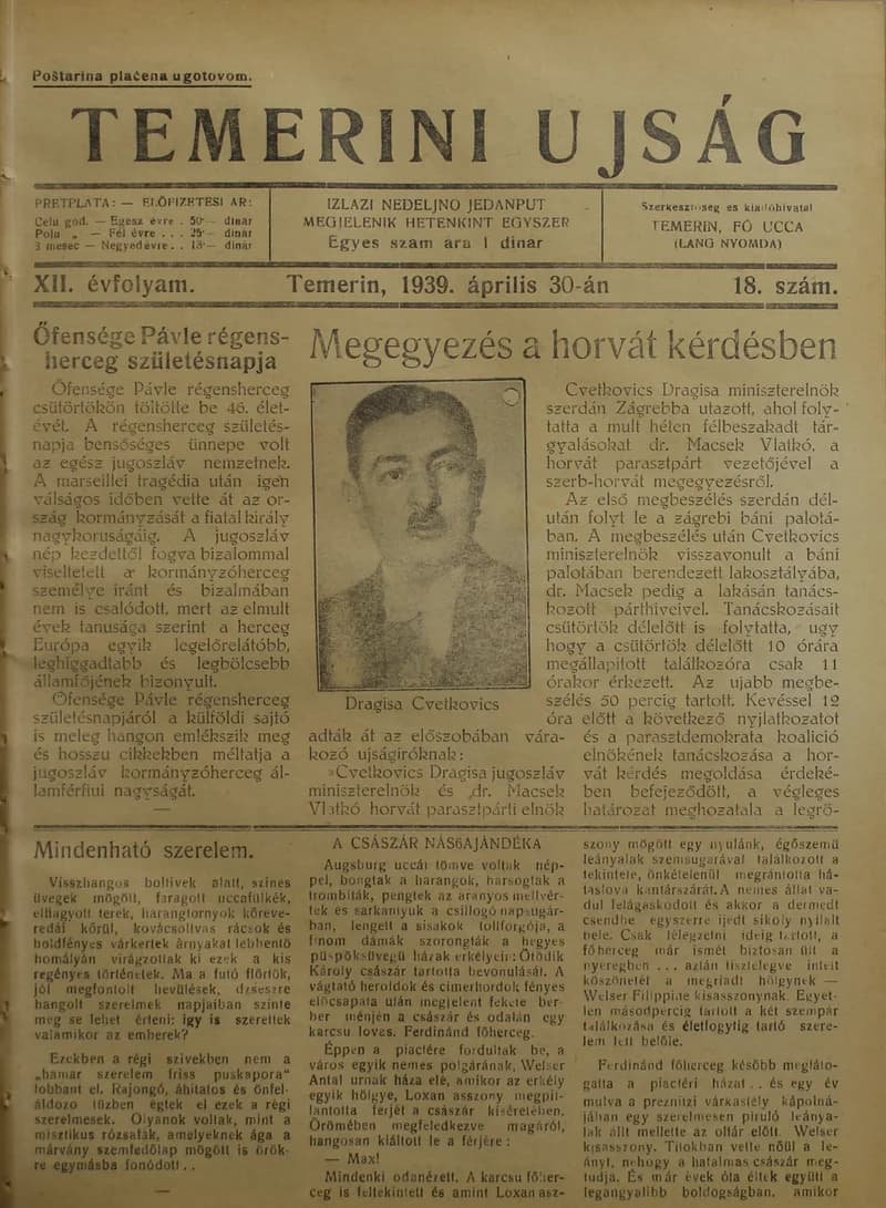Temerini Újság 1928-1944, 12. évf. 1939. április 30. 18. sz.