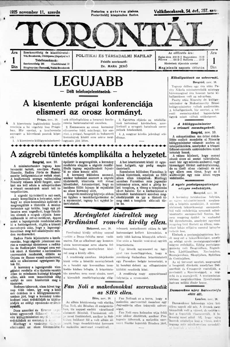 Torontál, 54. évf. 1925. november 11. 257. sz.