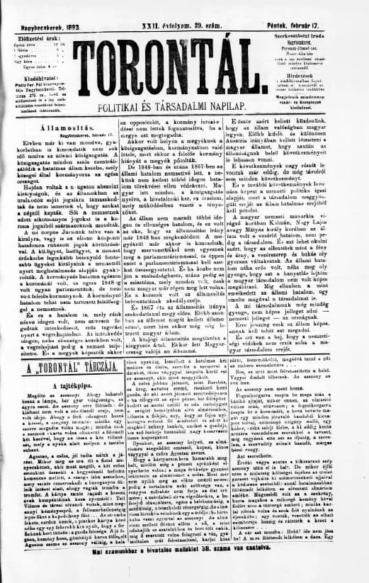 Torontál, 22. évf. 1893. február 17. 39. sz.