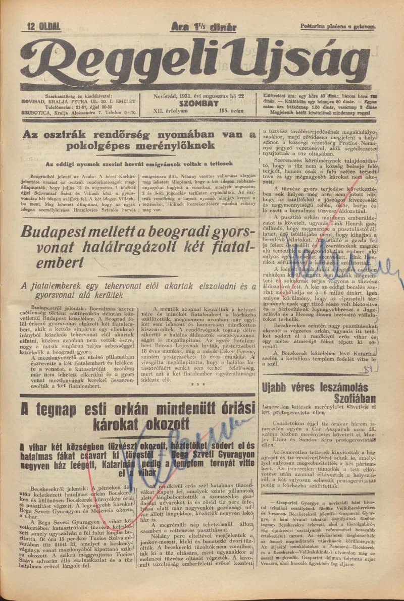 Reggeli Újság, 12. évf. 1931. augusztus 22. 195. sz.