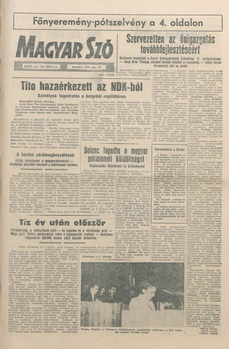 Magyar Szó, 31. évf. 1974. november 16. 316. sz. 1–20. oldal