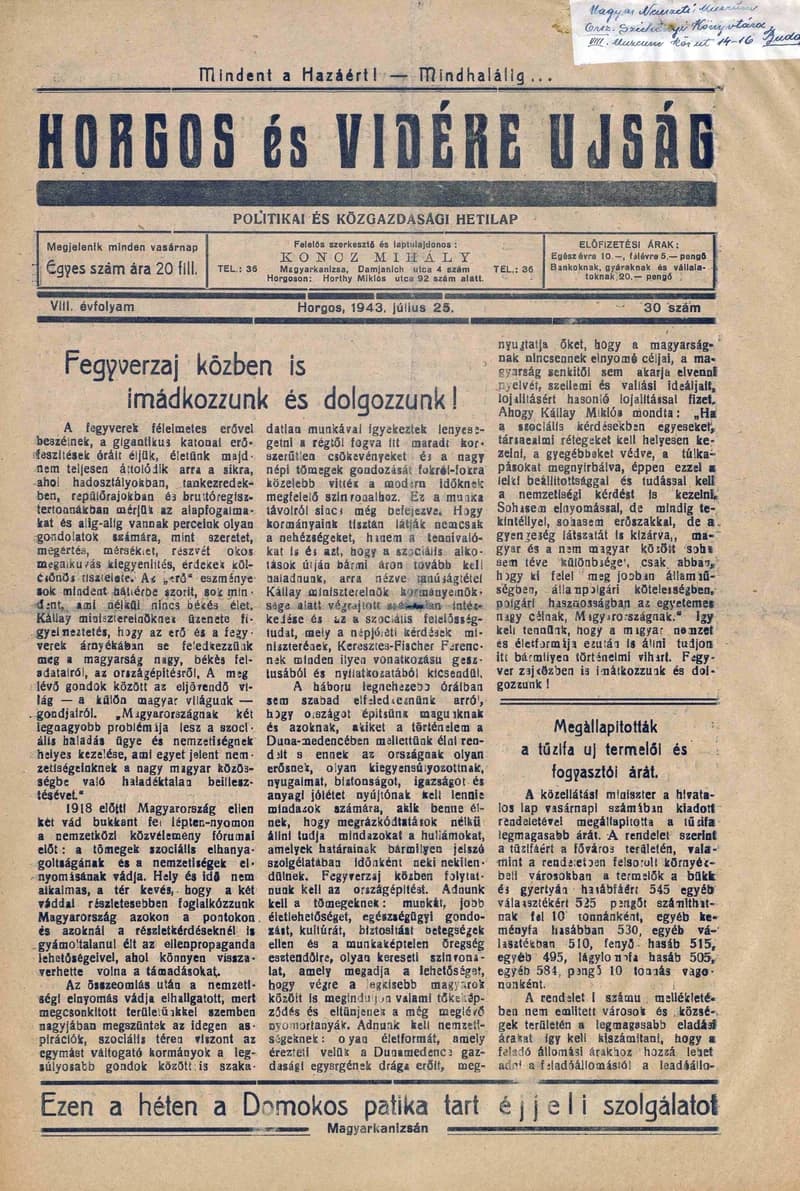 Horgos és vidéke, 8. évf. 1943. július 25. 30. sz.