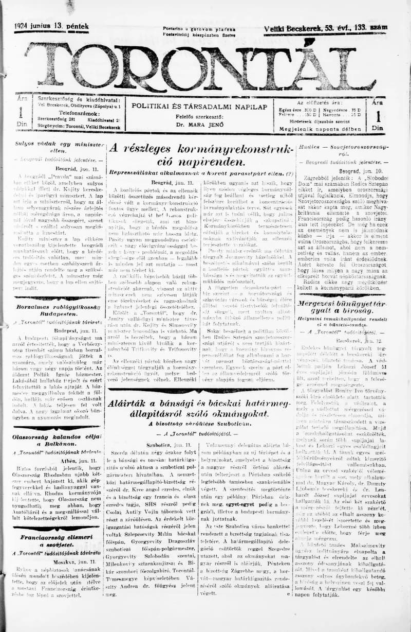 Torontál, 53. évf. 1924. június 13. 133. sz.