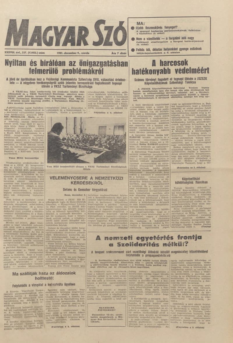 Magyar Szó, 38. évf. 1981. december 9. 337. sz.