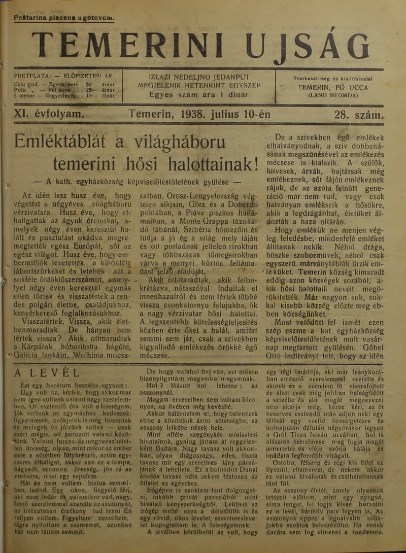 Temerini Újság 1928-1944, 11. évf. 1938. július 10. 28. sz.