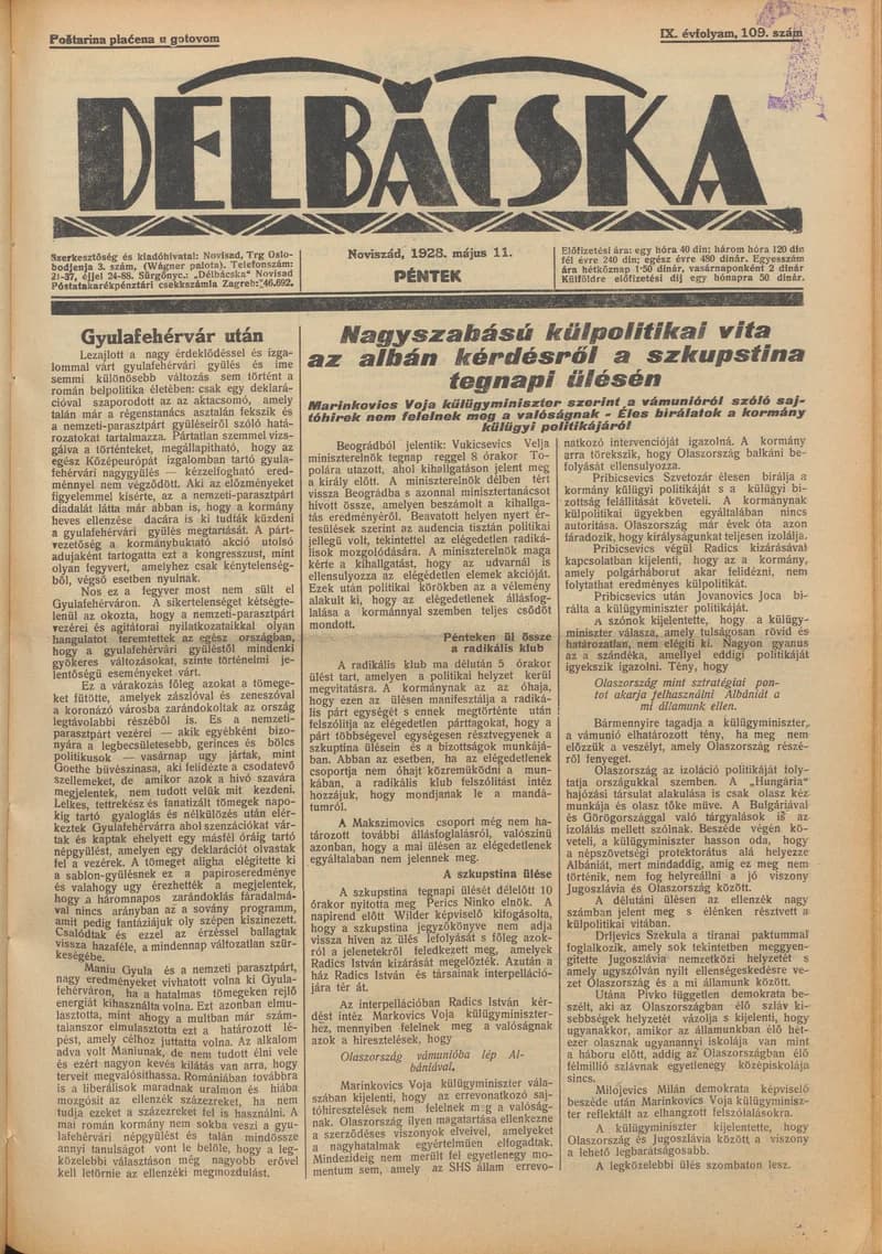 Délbácska, 9. évf. 1928. május 11. 109. sz.