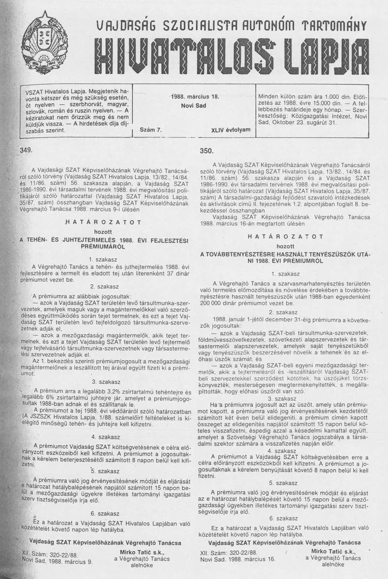 Vajdaság Szocialista Autonóm Tartomány Hivatalos Lapja, 44. évf. 1988. március 18. 7. sz.
