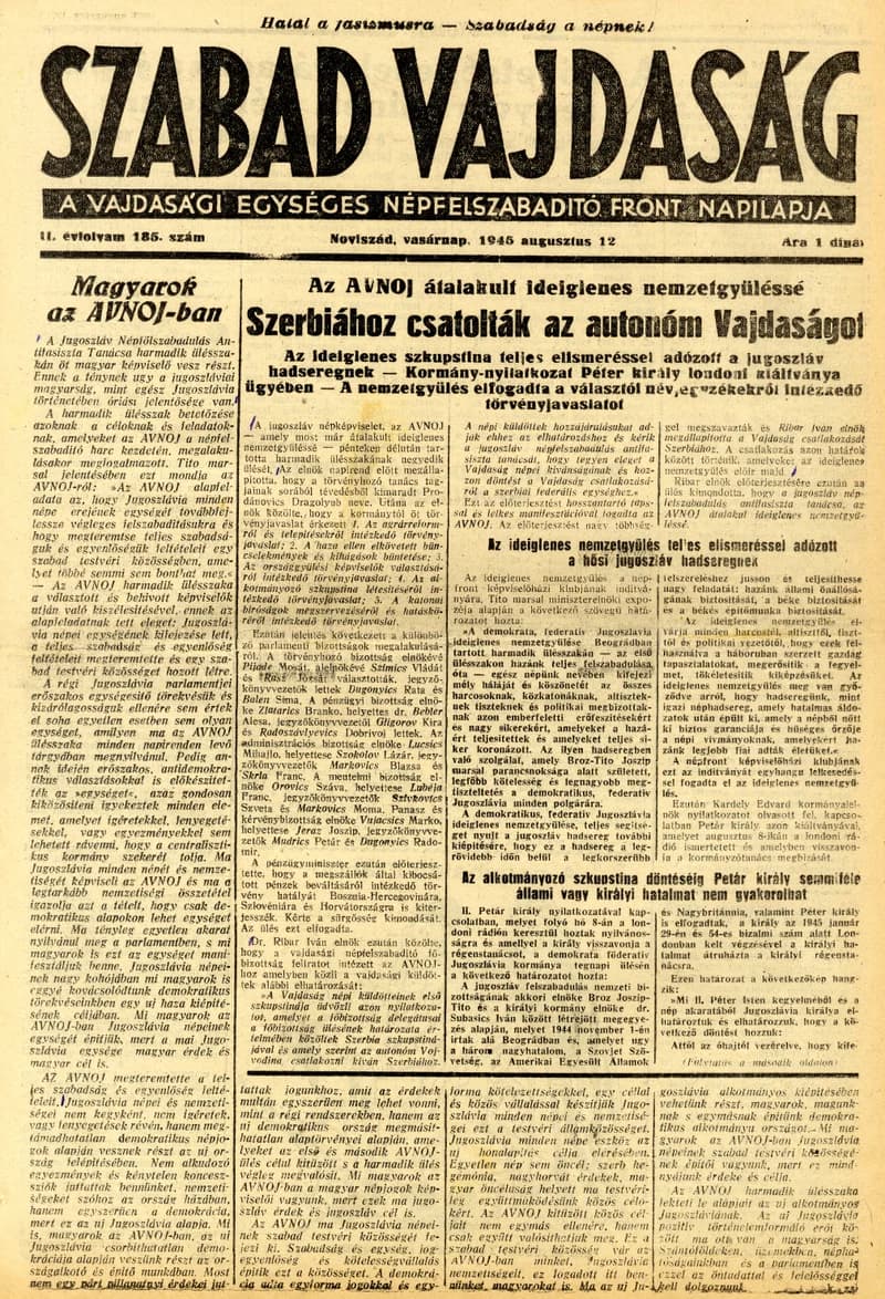 Szabad Vajdaság, 2. évf. 1945. augusztus 12. 185. sz.