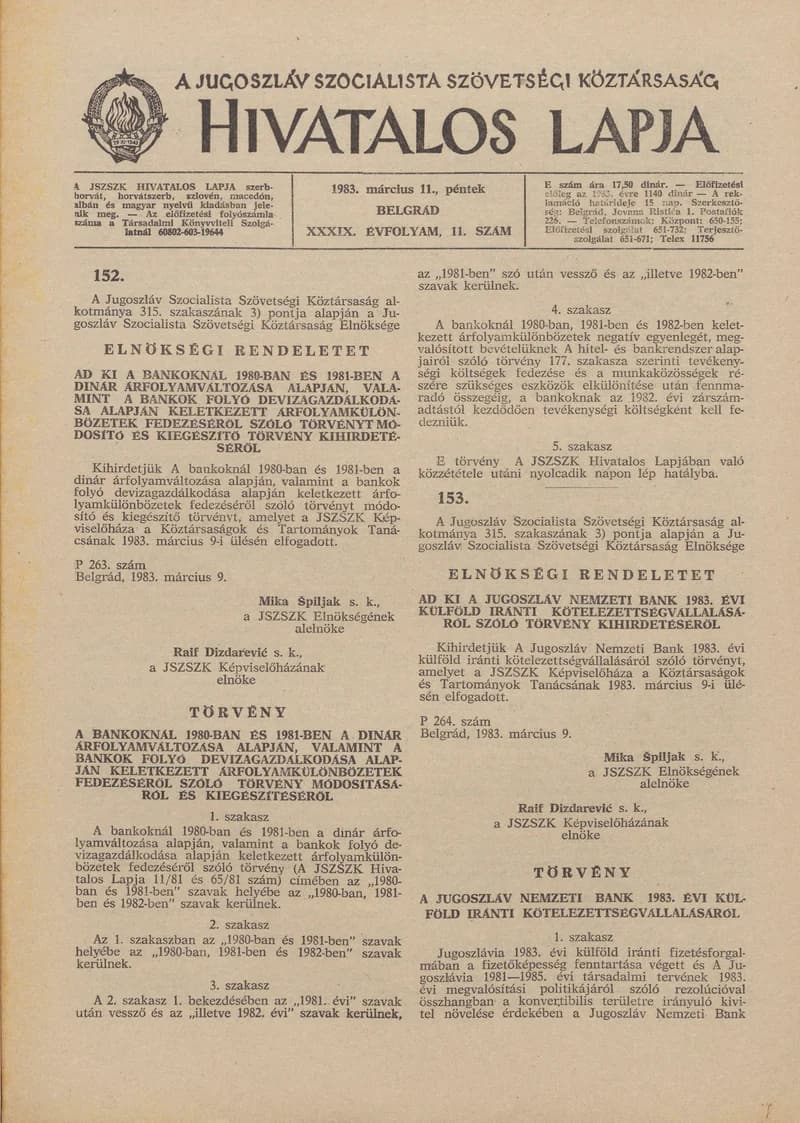 A Jugoszláv Szocialista Szövetségi Köztársaság Hivatalos Lapja, 39. évf. 1983. március 11. 11. sz. 221–248. oldal