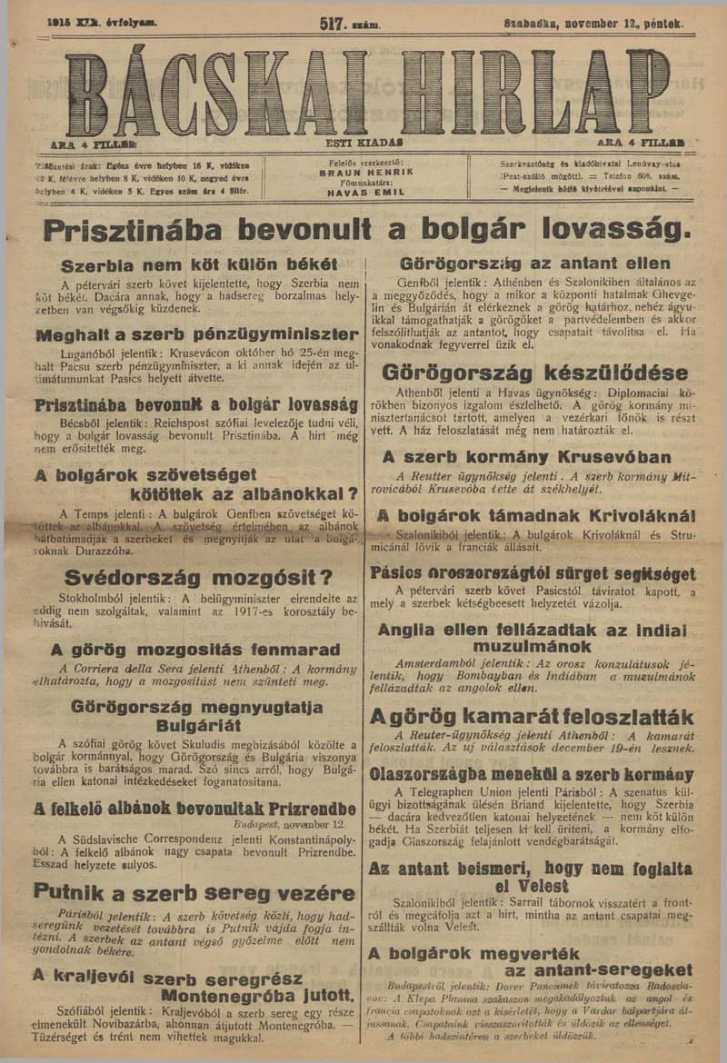 Bácskai Hirlap, 19. évf. 1915. november 12. 517. sz.