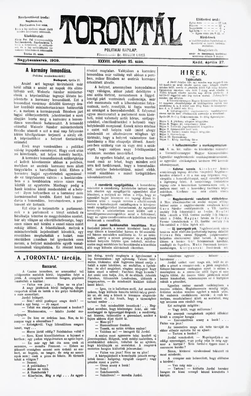 Torontál, 38. évf. 1909. április 27. 95. sz.