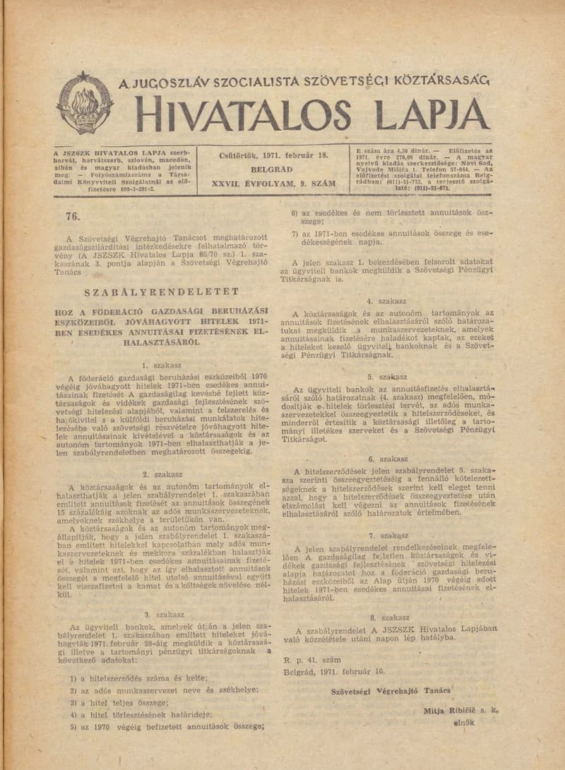 A Jugoszláv Szocialista Szövetségi Köztársaság Hivatalos Lapja, 27. évf. 1971. február 18. 9. sz. 173–184. oldal
