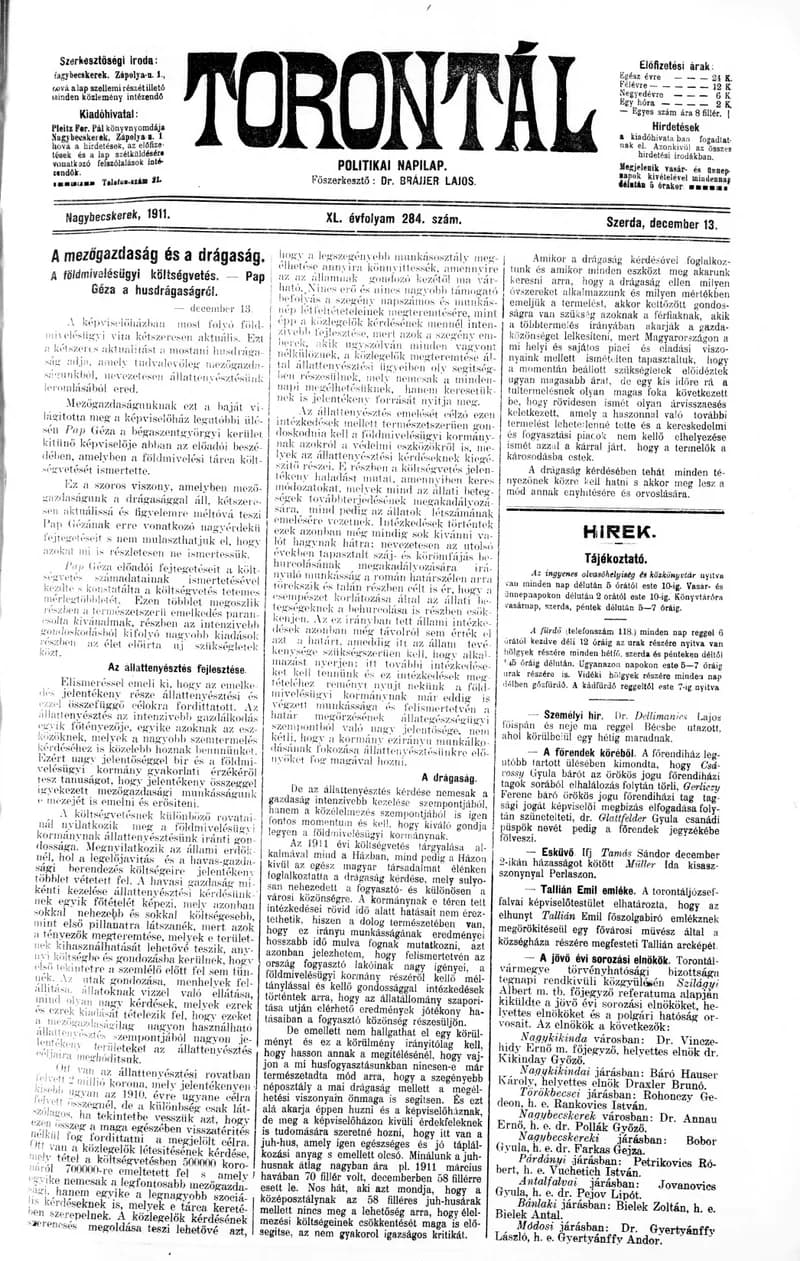 Torontál, 40. évf. 1911. december 13. 284. sz.